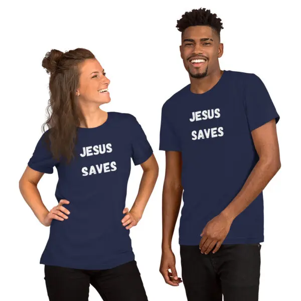 Jesus Saves t-shirt bold print male and female models