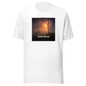 Christian T-Shirt Jesus Saves on Cross white